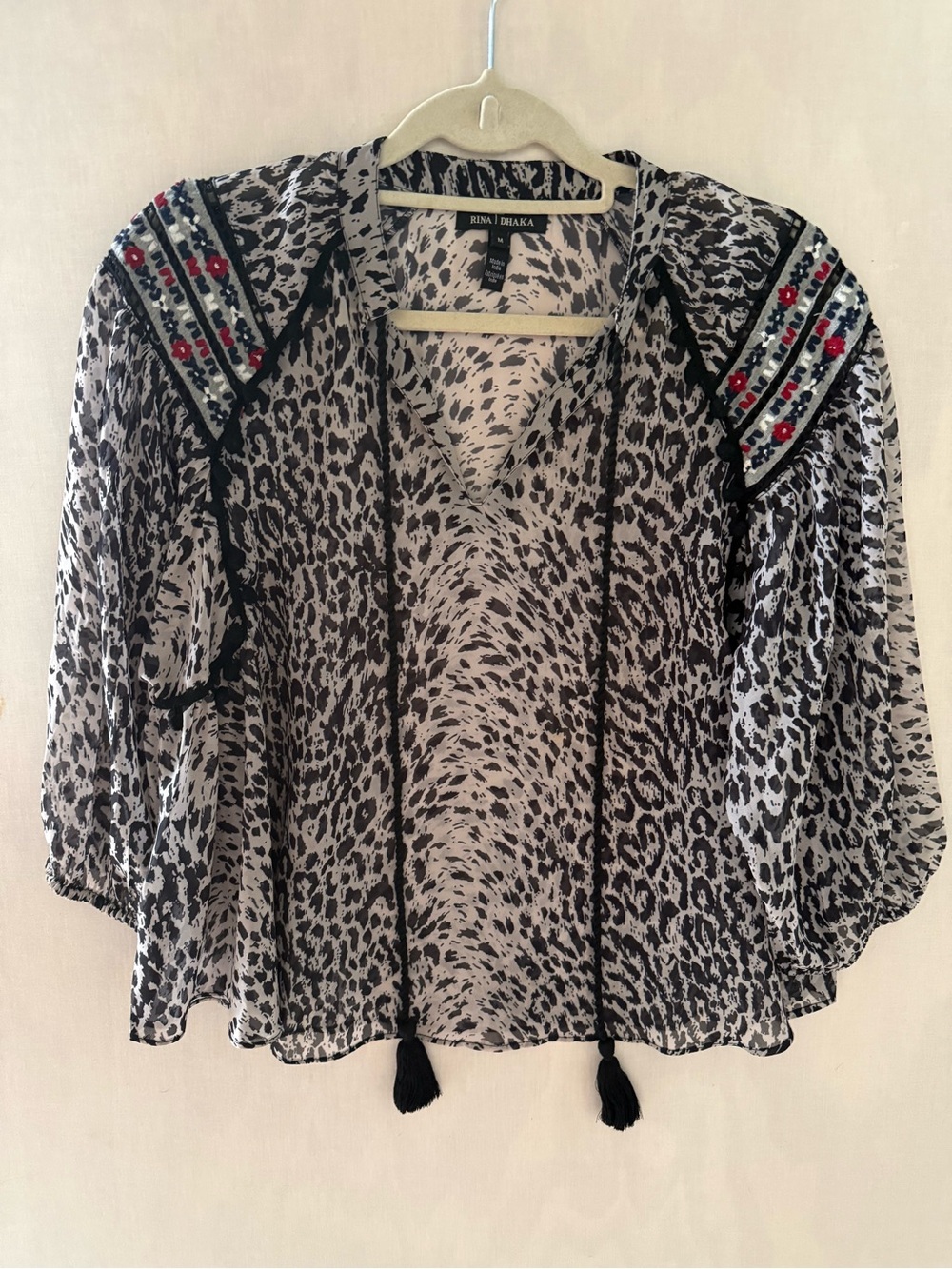 Anthropologie Rina Dhaka Jalisco Peasant Blouse Leopard Embroidered Boho Top